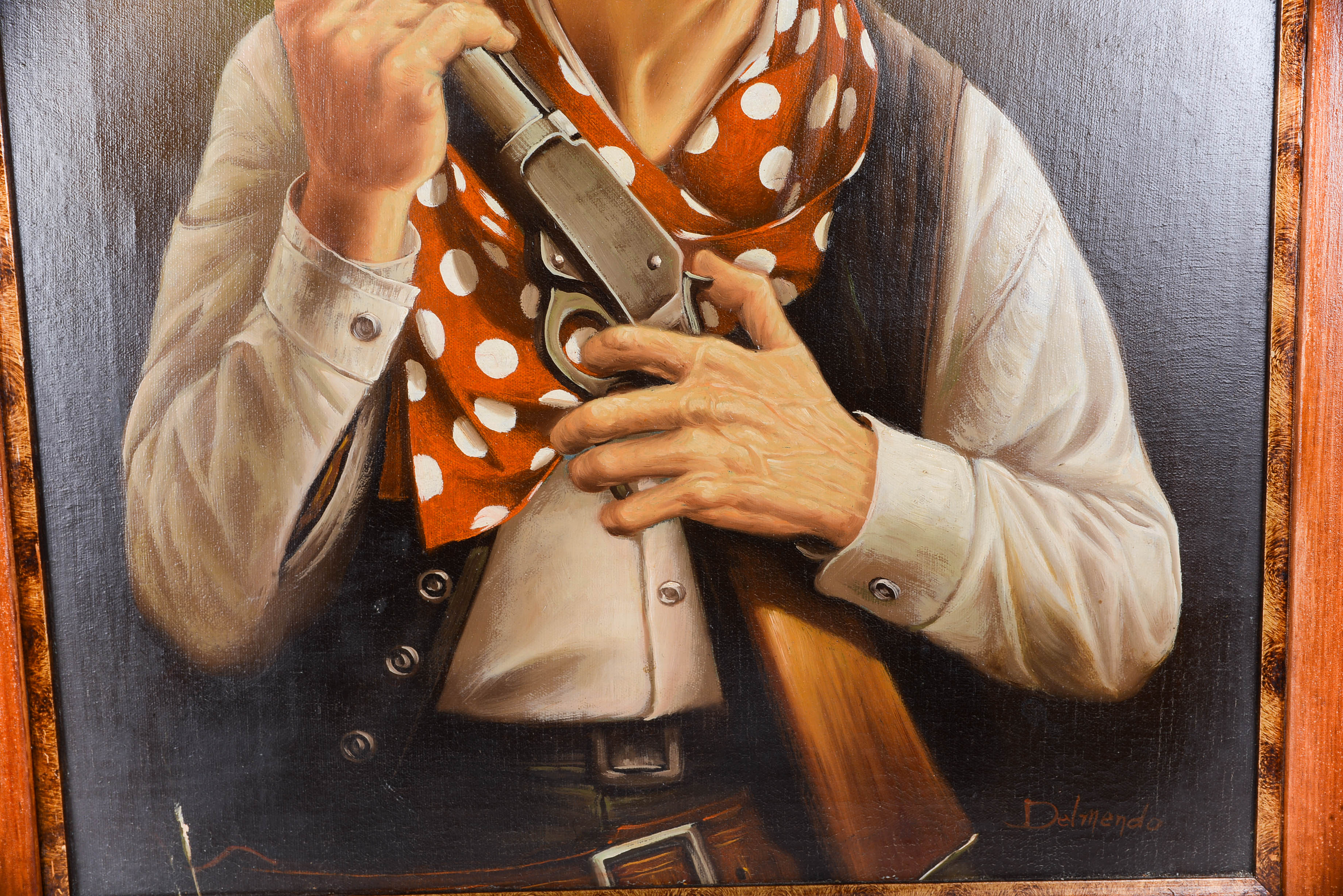 Signed Cowboy and Winchester Oil Painting