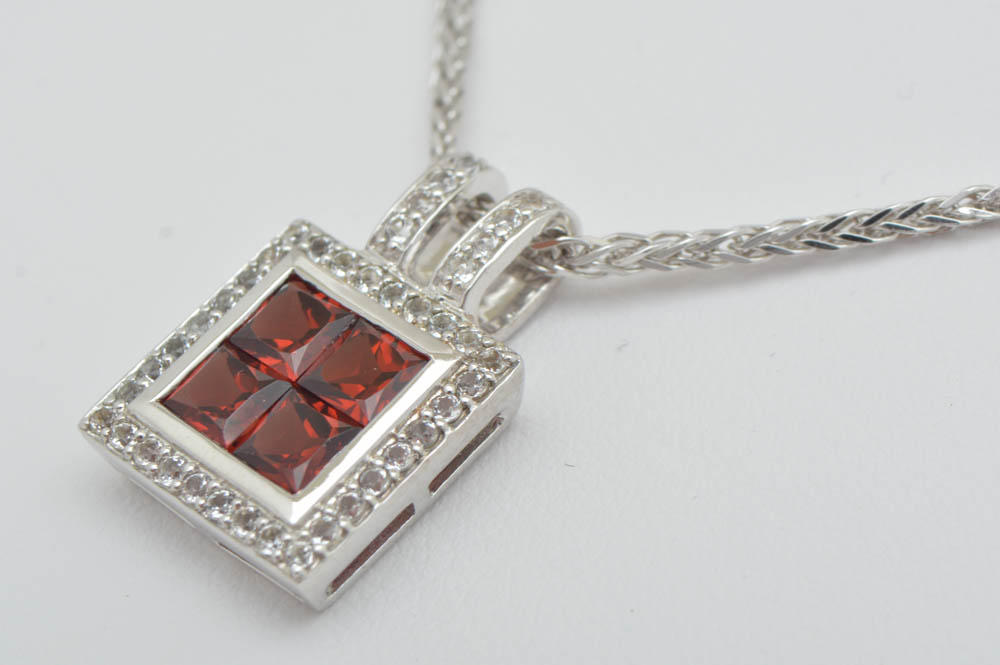 Robert Manse Sterling Silver, Garnet and White Topaz Pendant with Chain