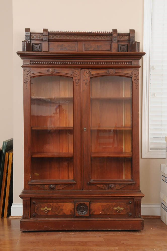 Antique Eastlake Glass Front Bookcase, Circa 1880