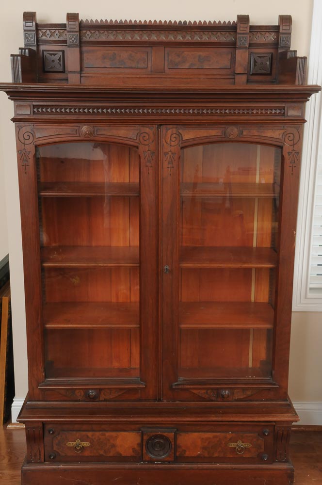 Antique Eastlake Glass Front Bookcase, Circa 1880