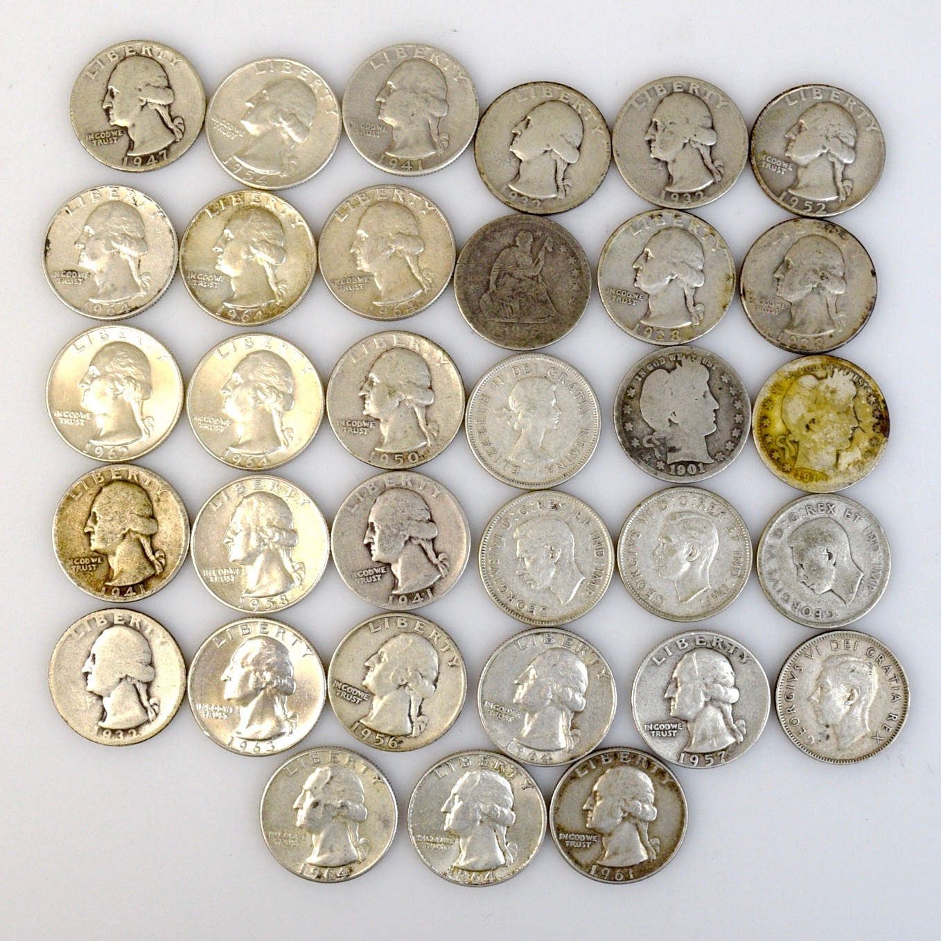 Washington, Barber, Seated Liberty, and Canadian Silver Quarters