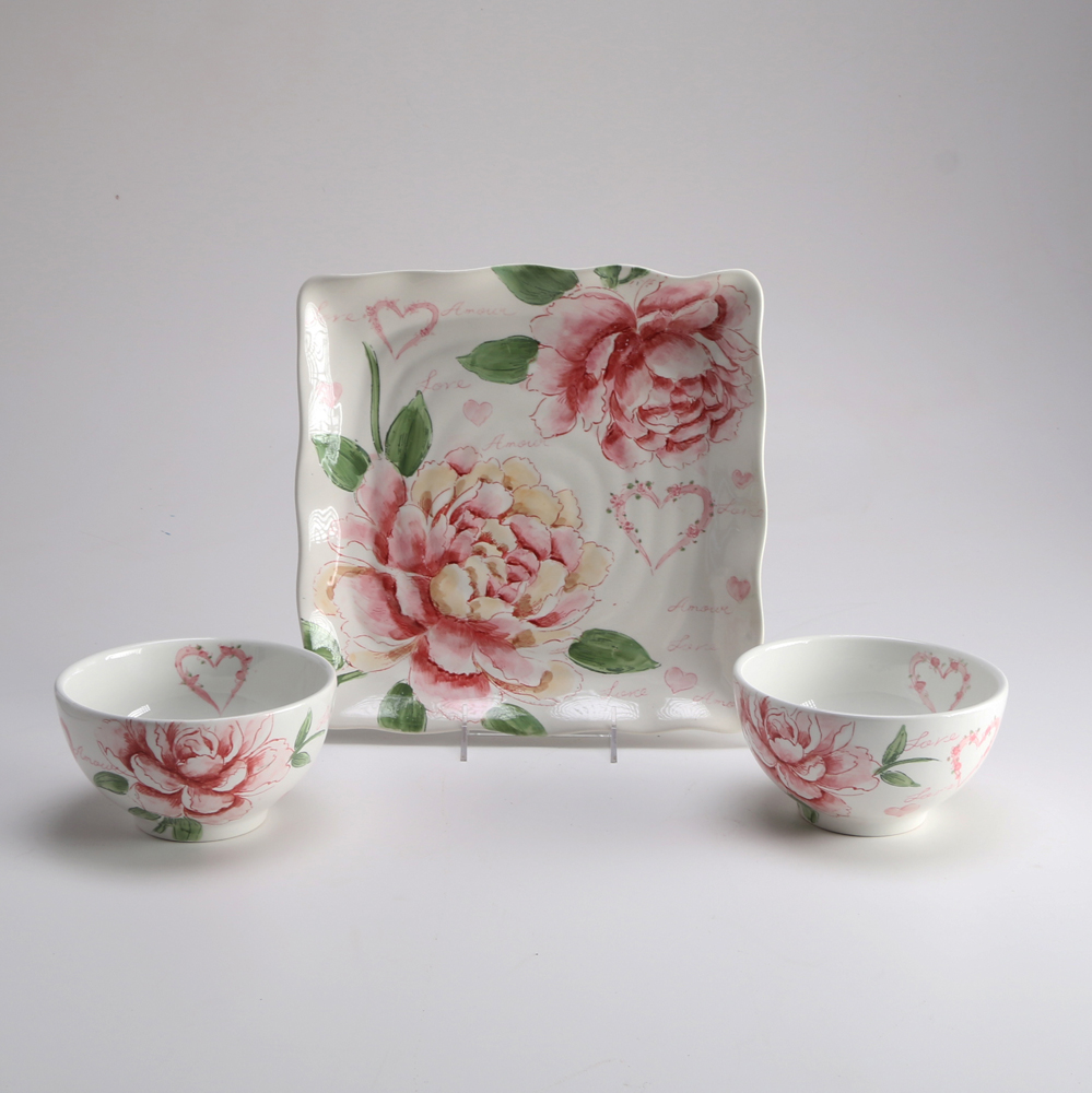 Rose Decorated Plate and Bowls