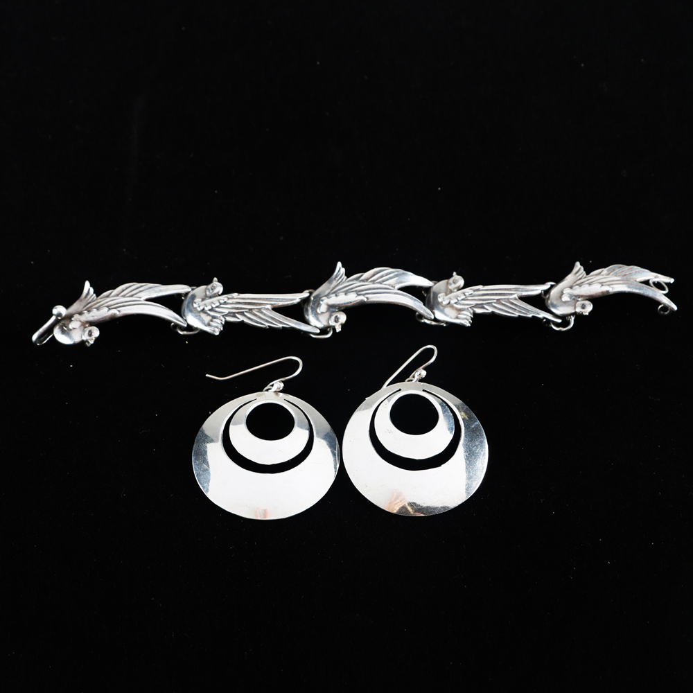 Los Castillos Taxco Sterling Silver Bracelet and Sterling Earrings