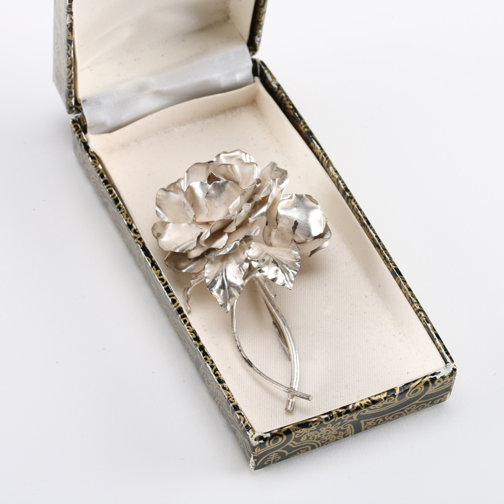 Silver Tone Rose Brooch