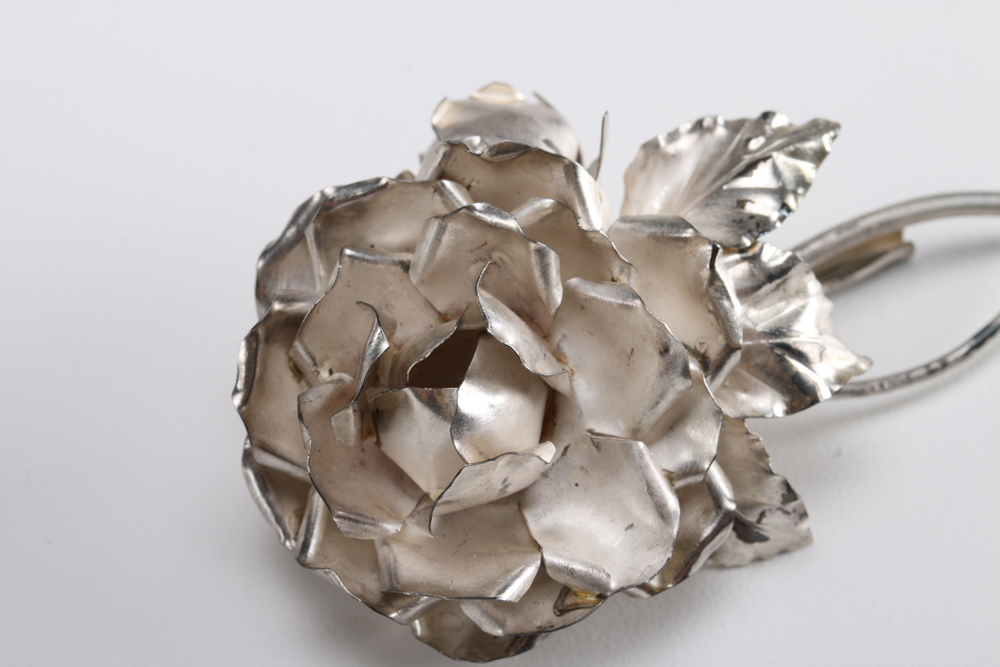 Silver Tone Rose Brooch