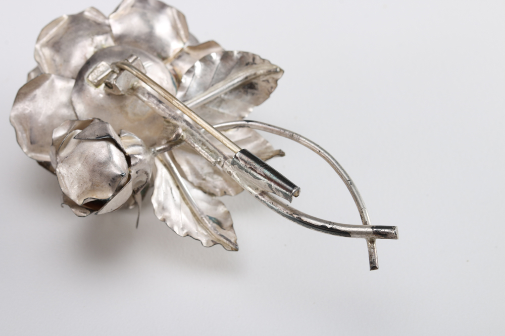 Silver Tone Rose Brooch