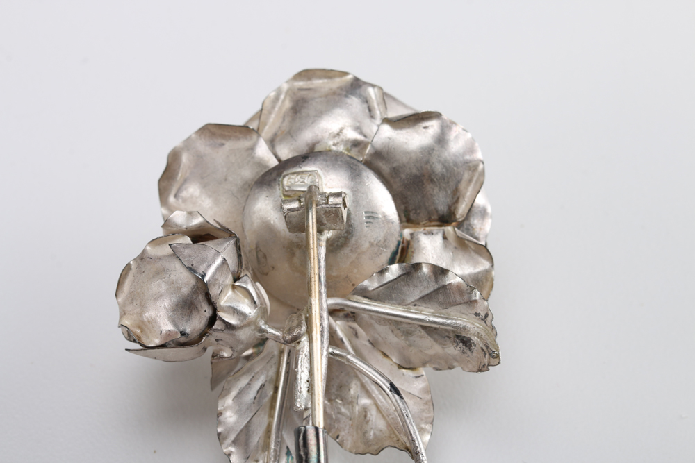 Silver Tone Rose Brooch