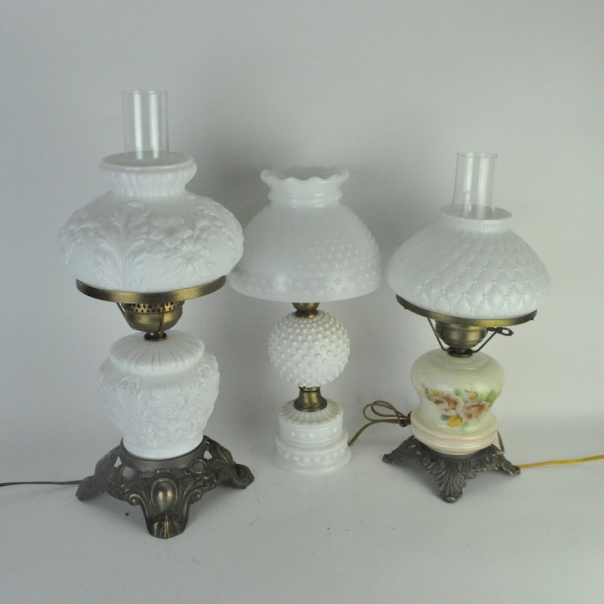 Converted Oil Lamps with Milk Glass Shades