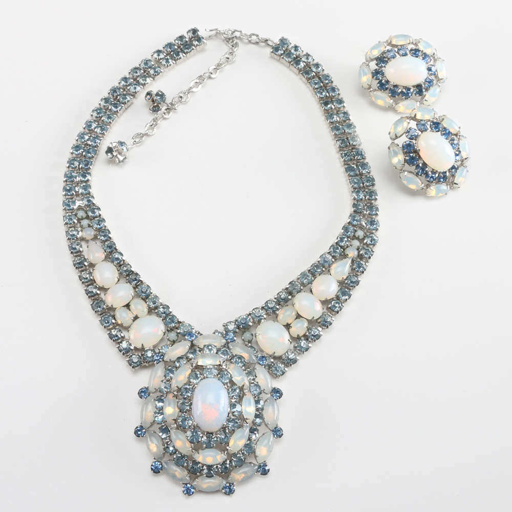 Art Deco Style Opalescent Stone Necklace and Earring Demi Parure