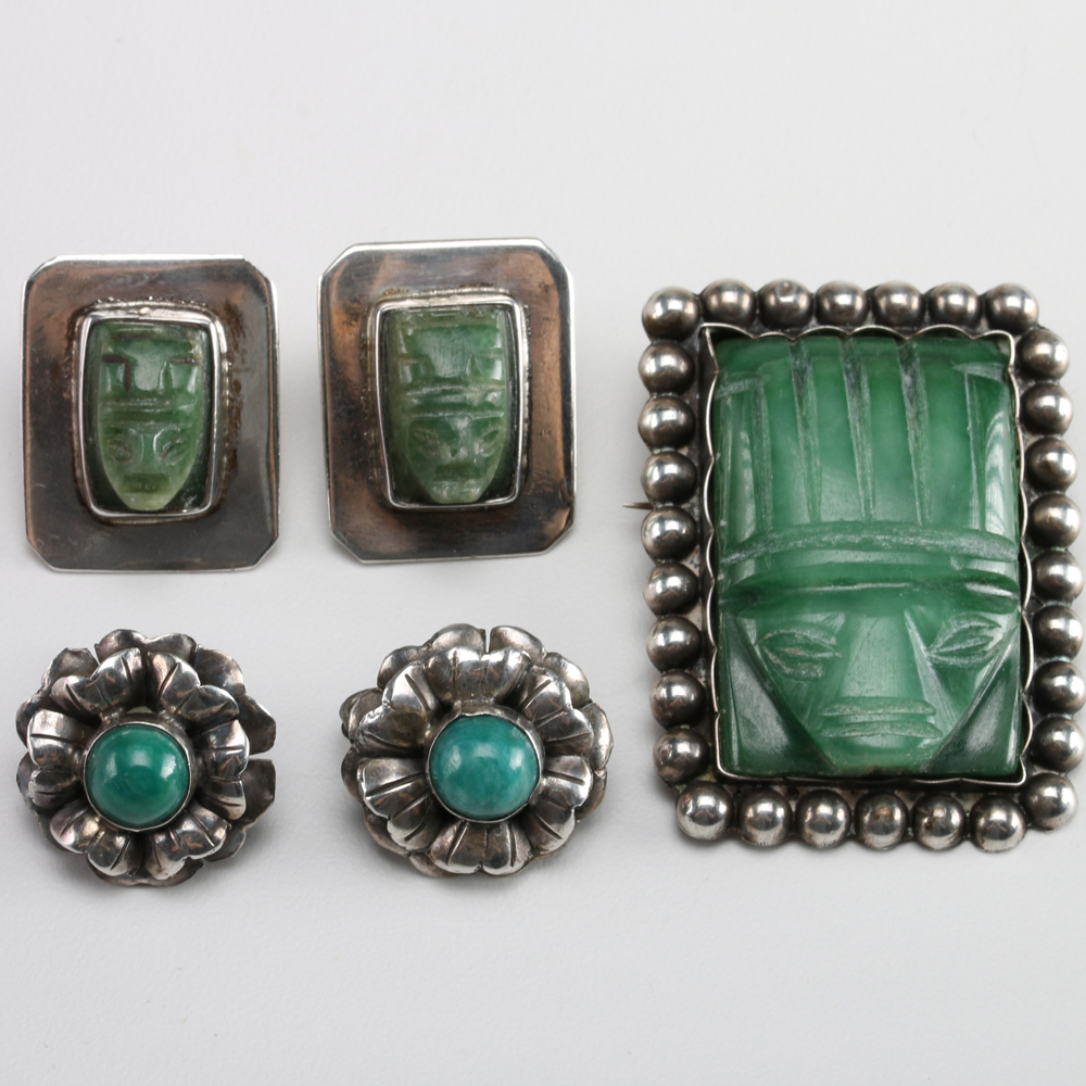 Assortment of Mexican Silver Jewelry with Ancient God Faces and More