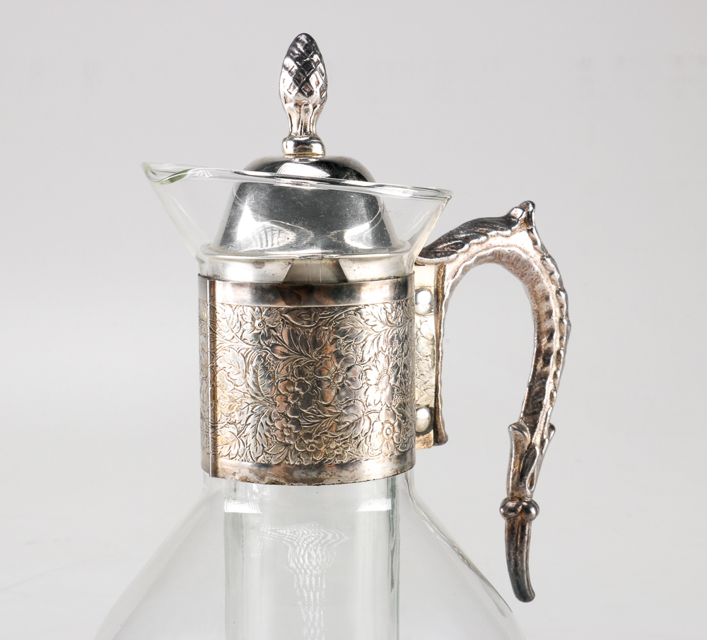 Three Glass Carafes with Silver Plate Fittings