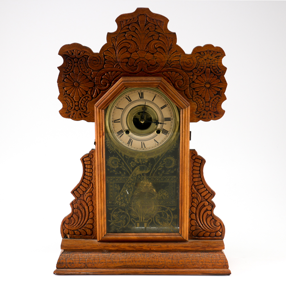Tabletop Grandfather Clock with Peacock and Songbird Motifs