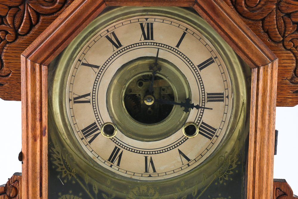 Tabletop Grandfather Clock with Peacock and Songbird Motifs