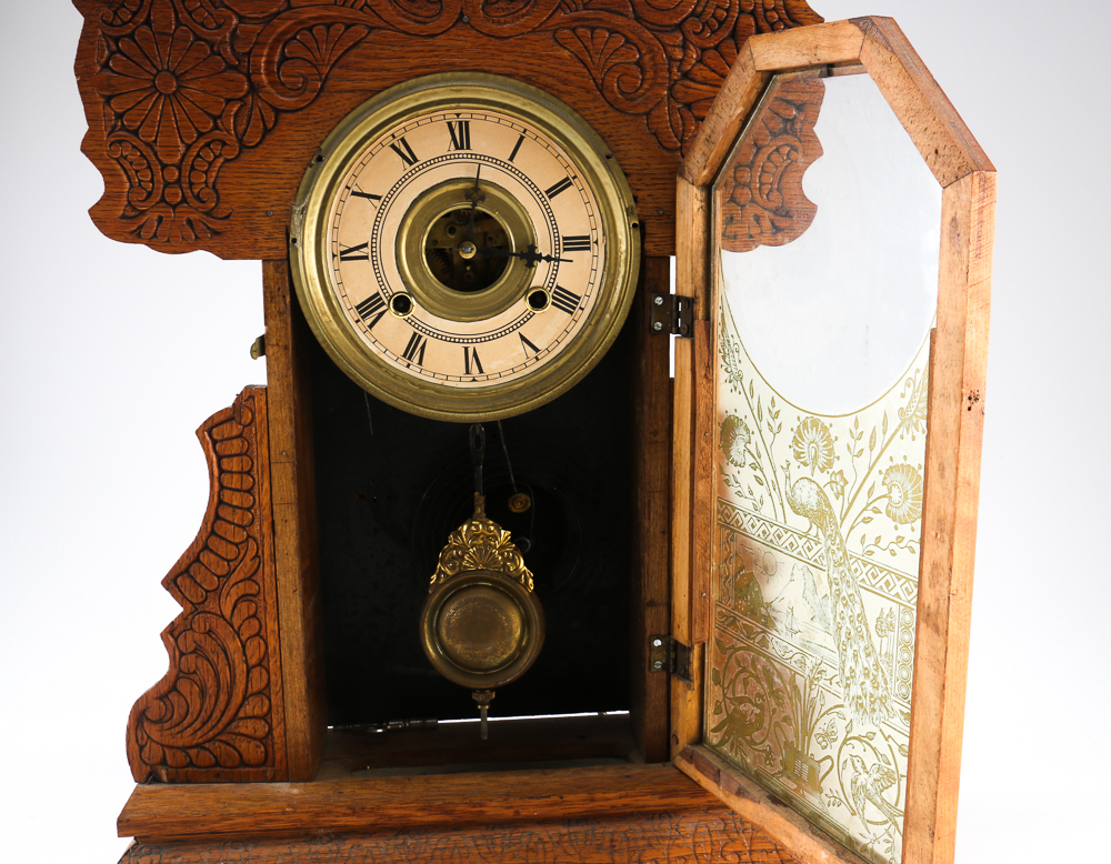 Tabletop Grandfather Clock with Peacock and Songbird Motifs