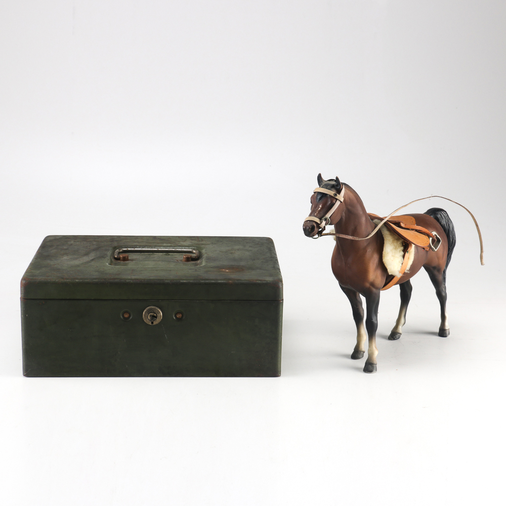 Cast Resin Horse with Leather Saddle and a Metal Lock Box