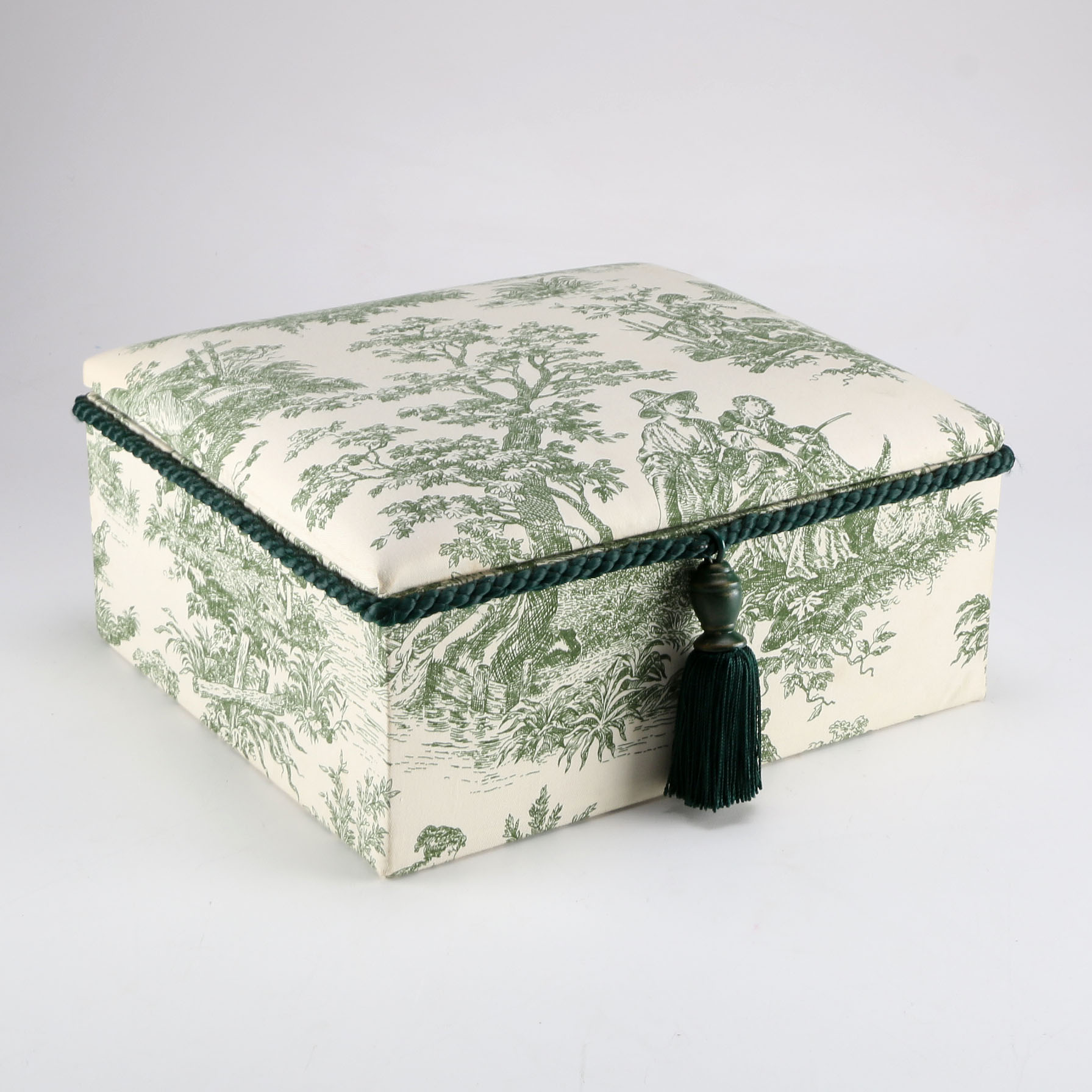 Patterned Green Fabric Sewing Box with Tassel