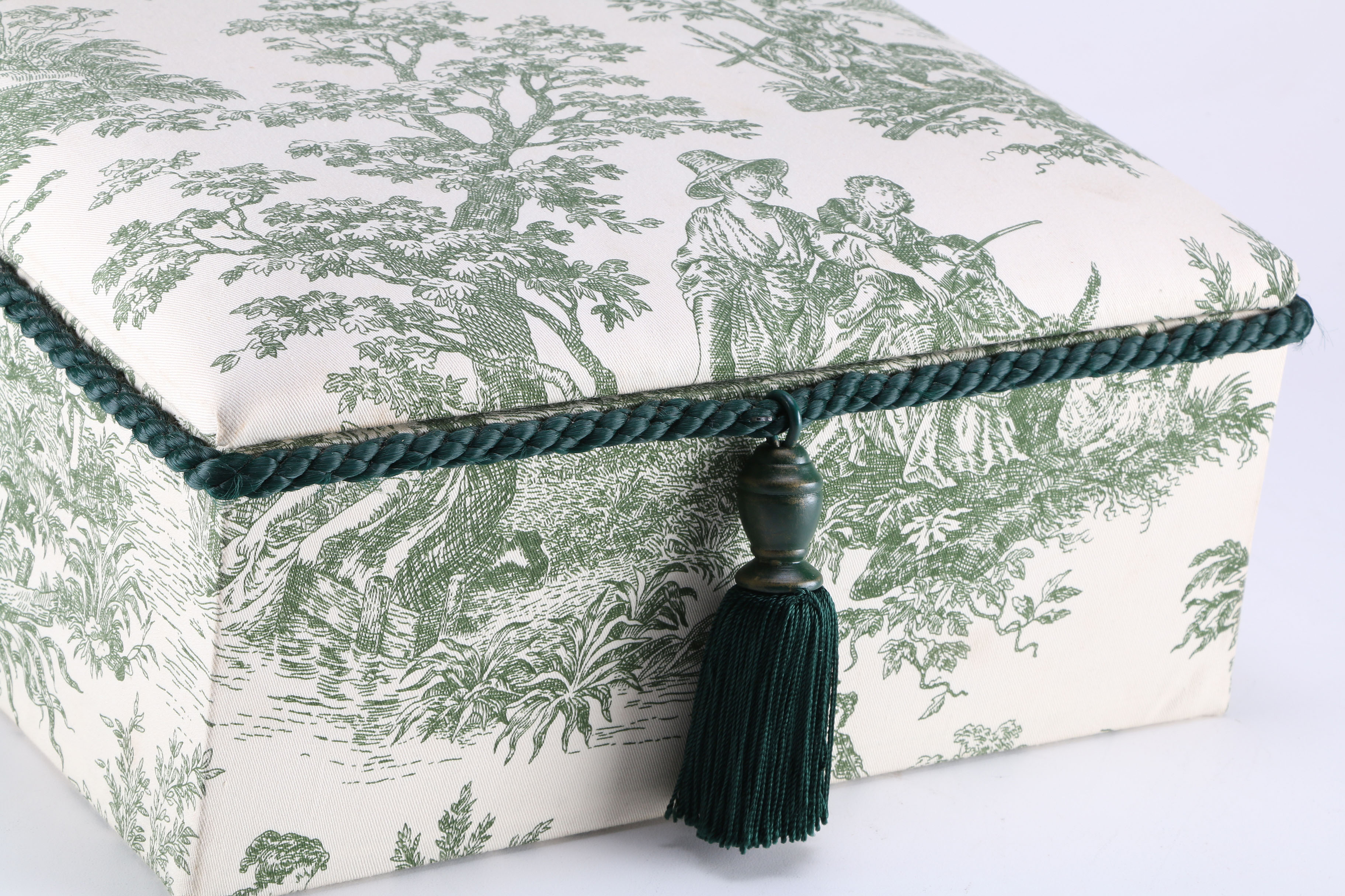Patterned Green Fabric Sewing Box with Tassel