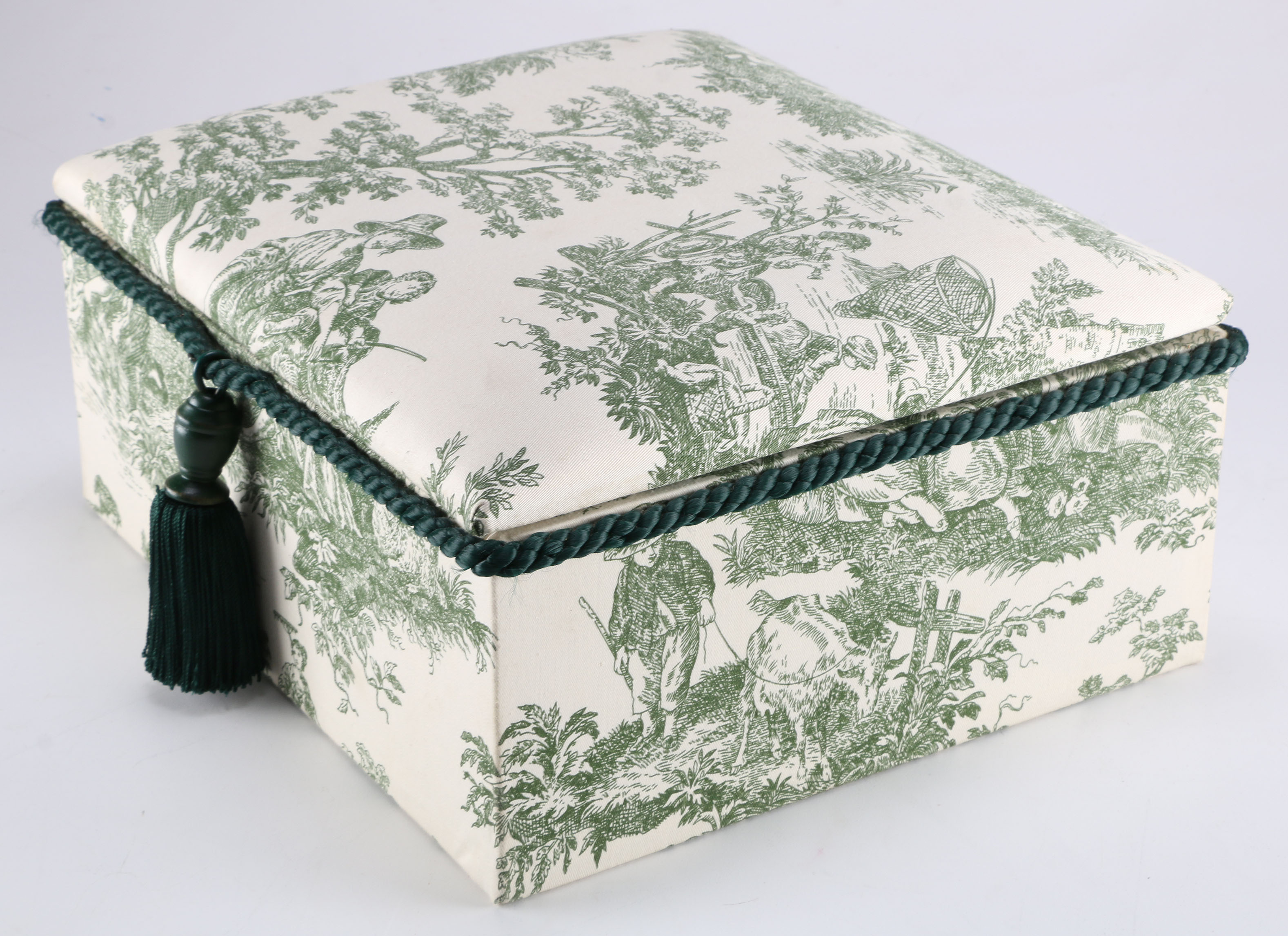Patterned Green Fabric Sewing Box with Tassel