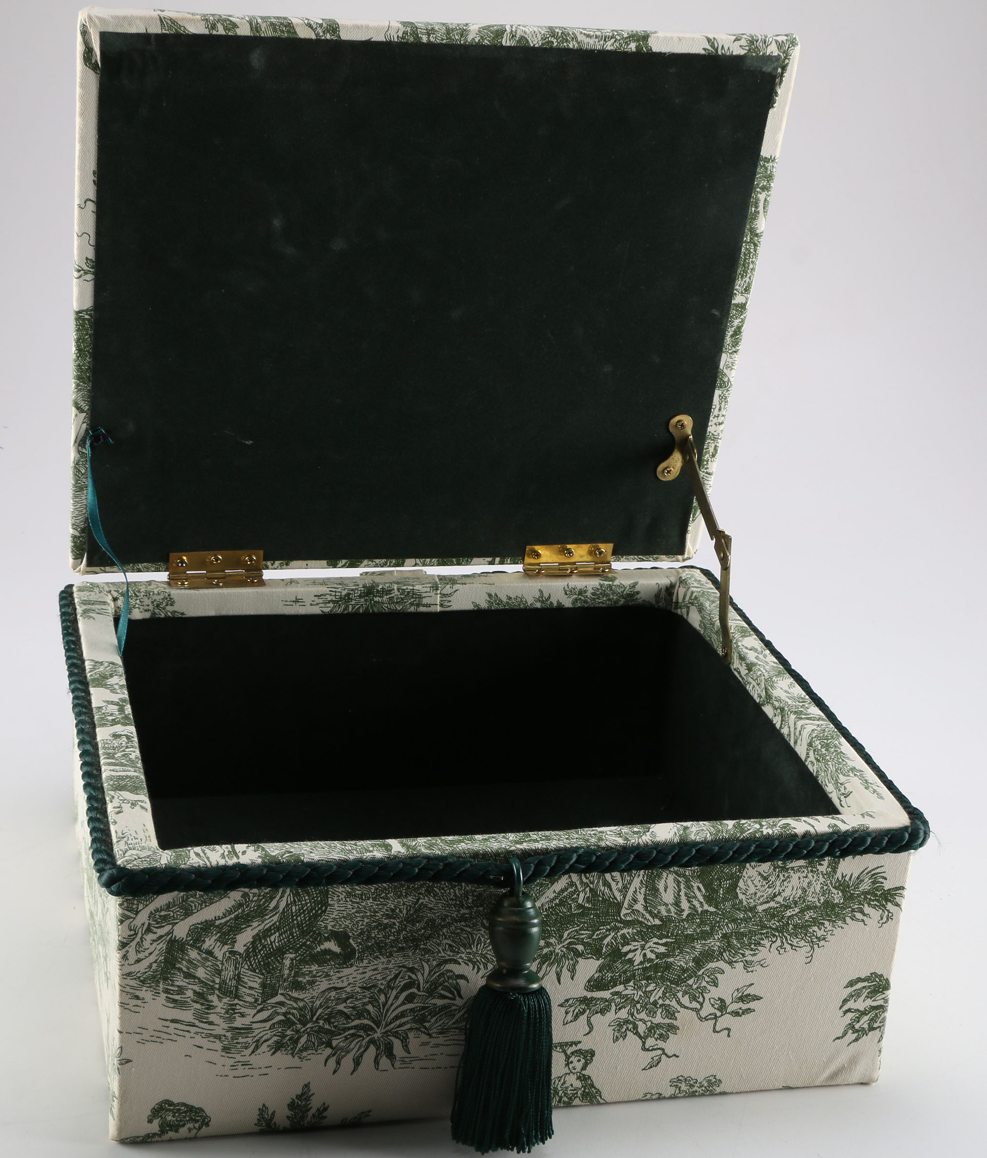Patterned Green Fabric Sewing Box with Tassel