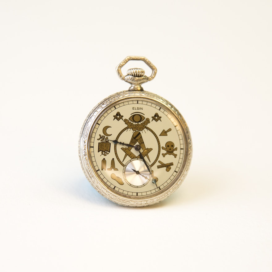 Vintage Elgin Silver Tone Masonic Pocket Watch