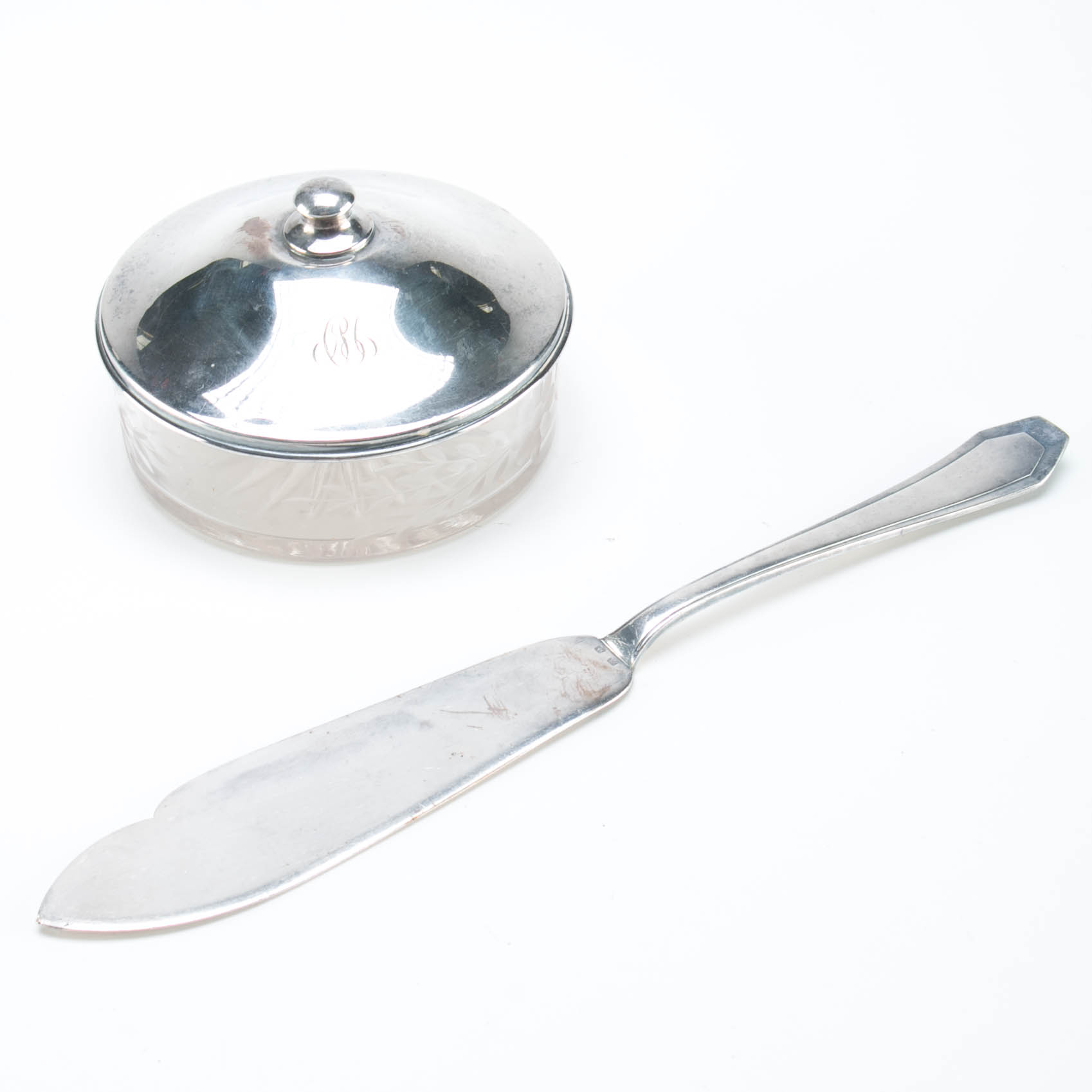 Saglier Frères Silver Plate Cake Server and Glass Dish with a Sterling Lid