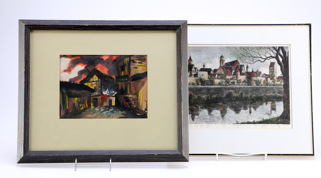 Ernst Geissdorfer "Rothenburg Over the Tauber" and Turand Gouache Cityscape