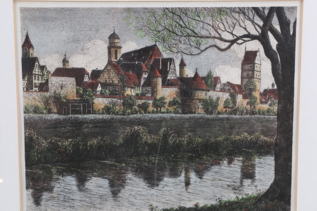 Ernst Geissdorfer "Rothenburg Over the Tauber" and Turand Gouache Cityscape
