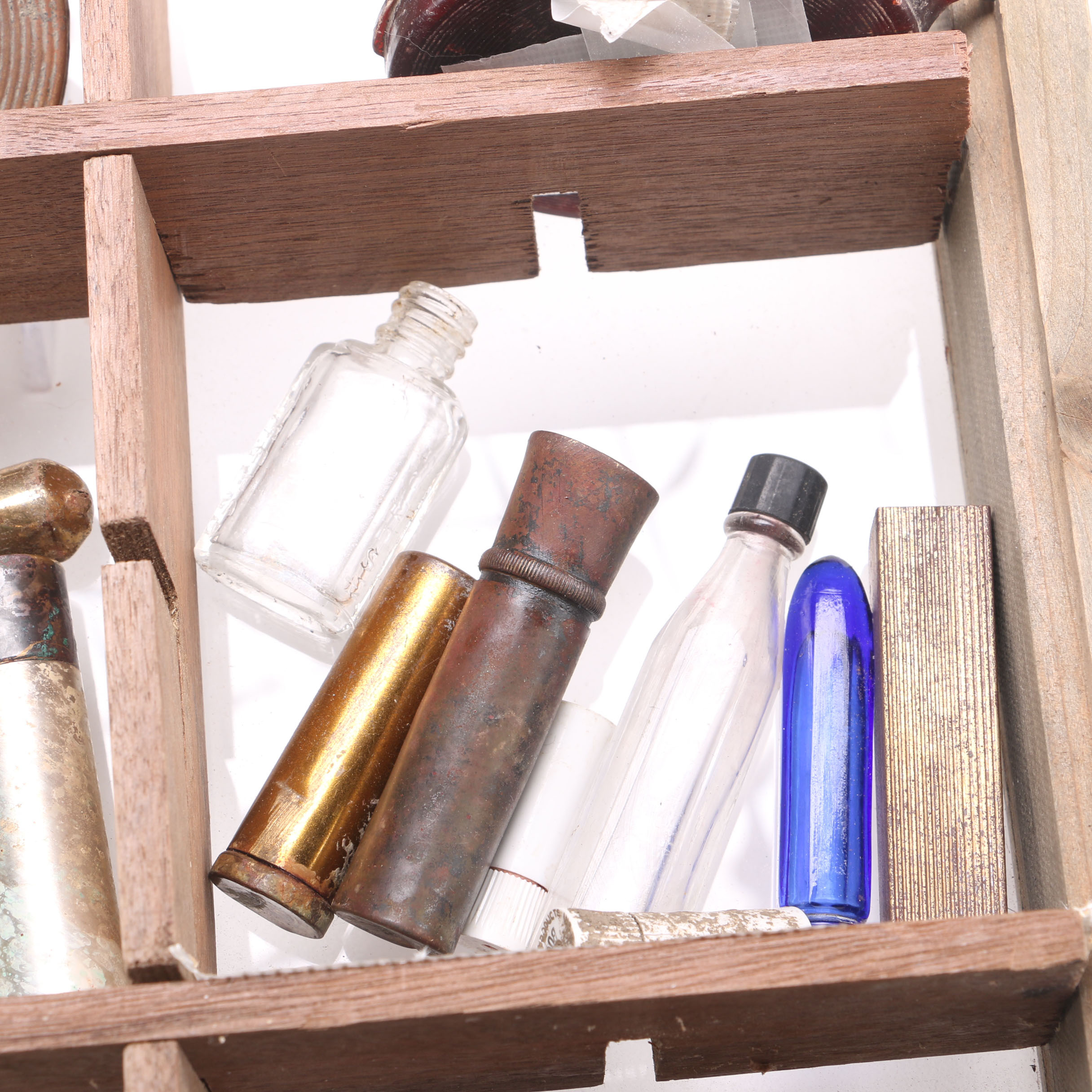 Decorative Shelf with Antiqued Apothecary Bottles, Cosmetic Containers, and More