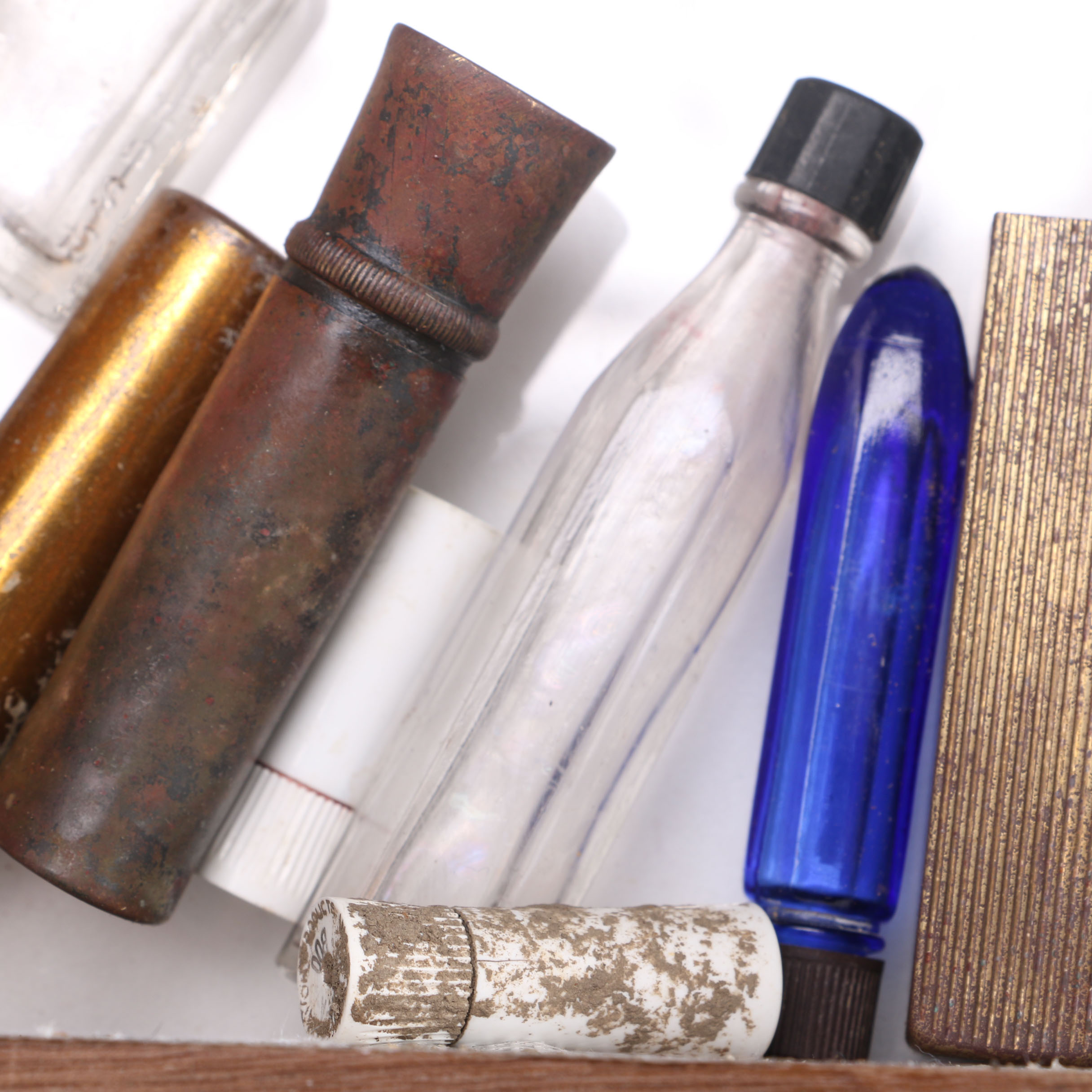 Decorative Shelf with Antiqued Apothecary Bottles, Cosmetic Containers, and More