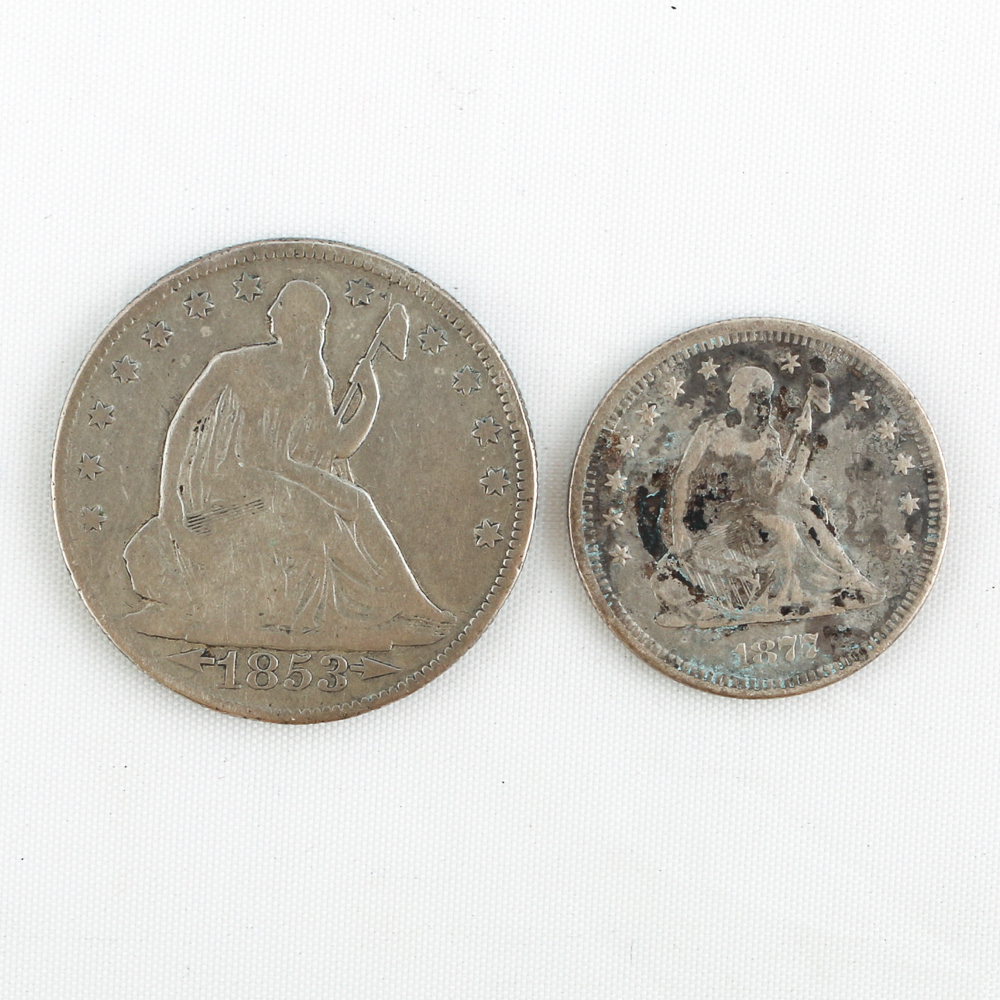 1877 Seated Liberty Quarter and 1853 Seated Liberty Half Dollar