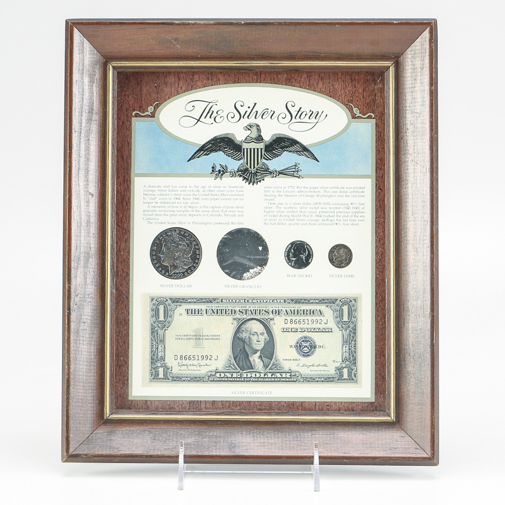 Framed Silver Currency and Silver Certificate "The Silver Story"
