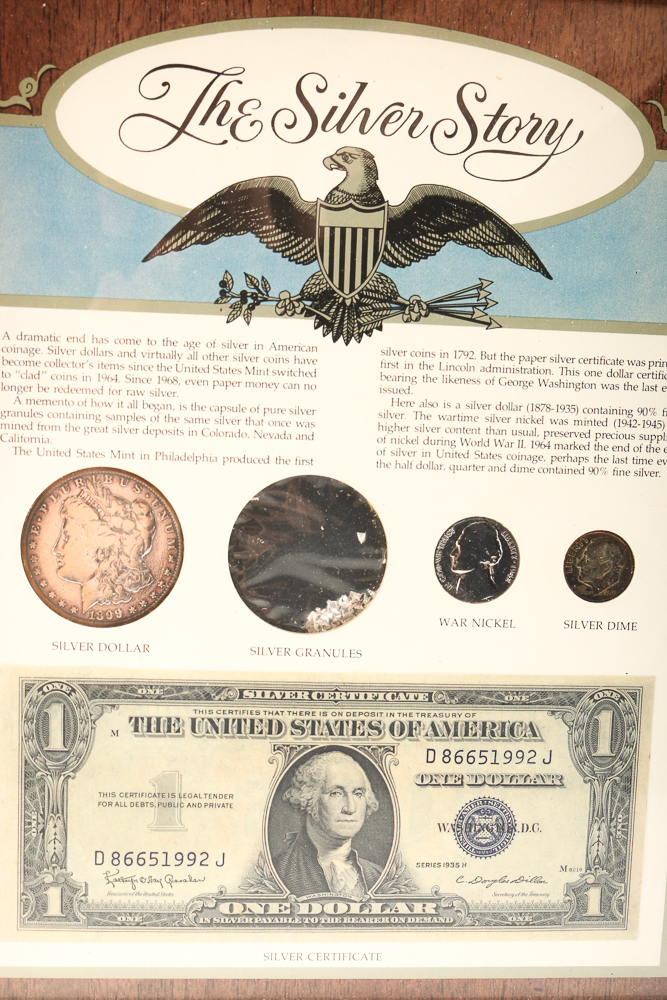 Framed Silver Currency and Silver Certificate "The Silver Story"
