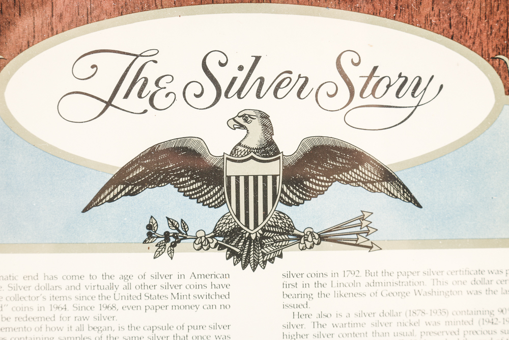 Framed Silver Currency and Silver Certificate "The Silver Story"