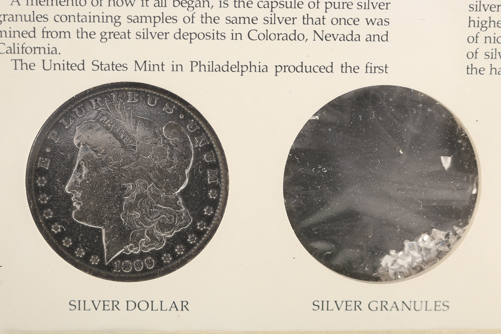 Framed Silver Currency and Silver Certificate "The Silver Story"