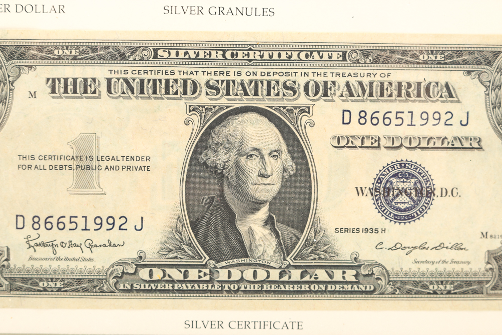 Framed Silver Currency and Silver Certificate "The Silver Story"