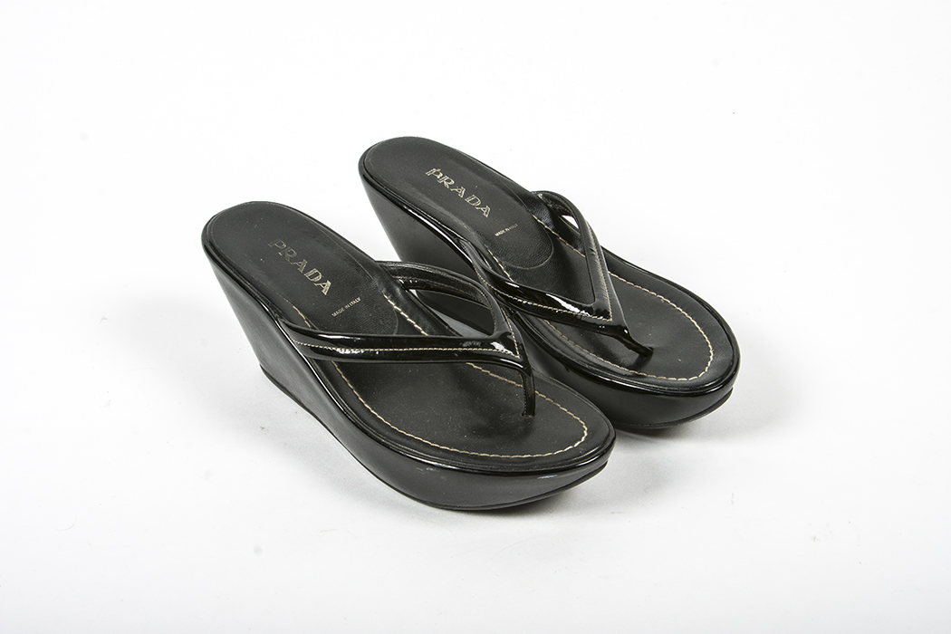 Prada Black Patent Leather Platform Flip Flops Women's Size 37.5