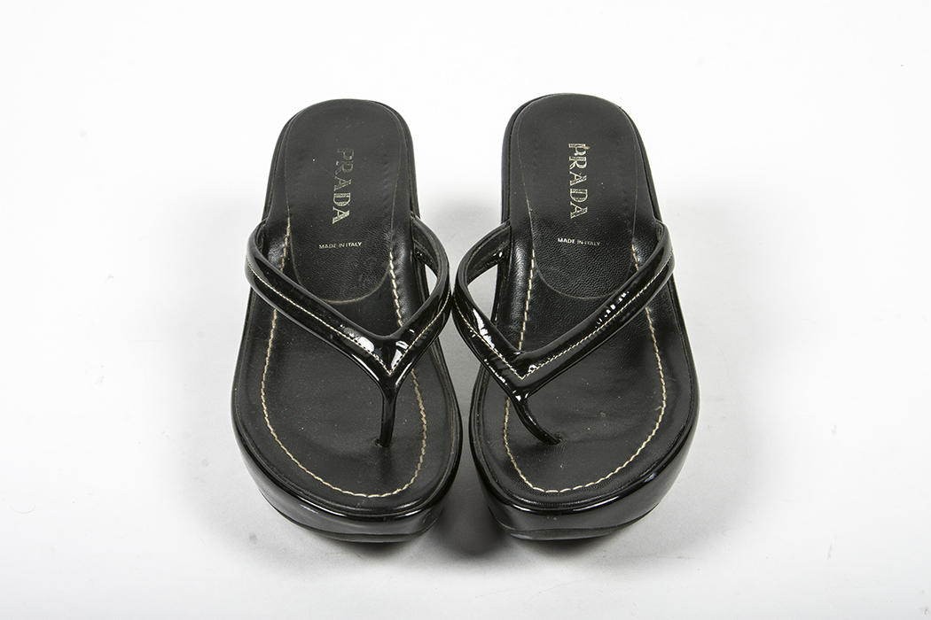 Prada Black Patent Leather Platform Flip Flops Women's Size 37.5