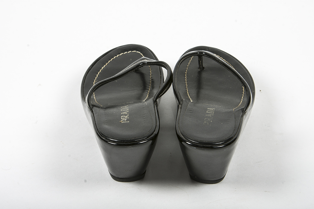 Prada Black Patent Leather Platform Flip Flops Women's Size 37.5