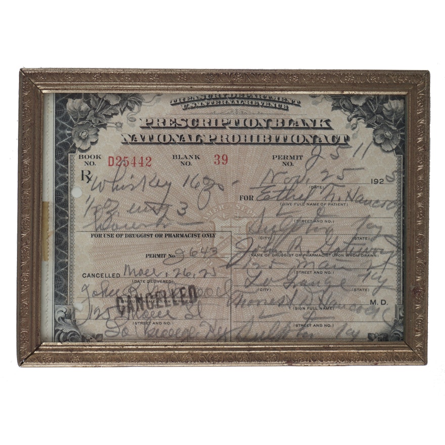 Original Framed Prohibition Era Whiskey Prescription