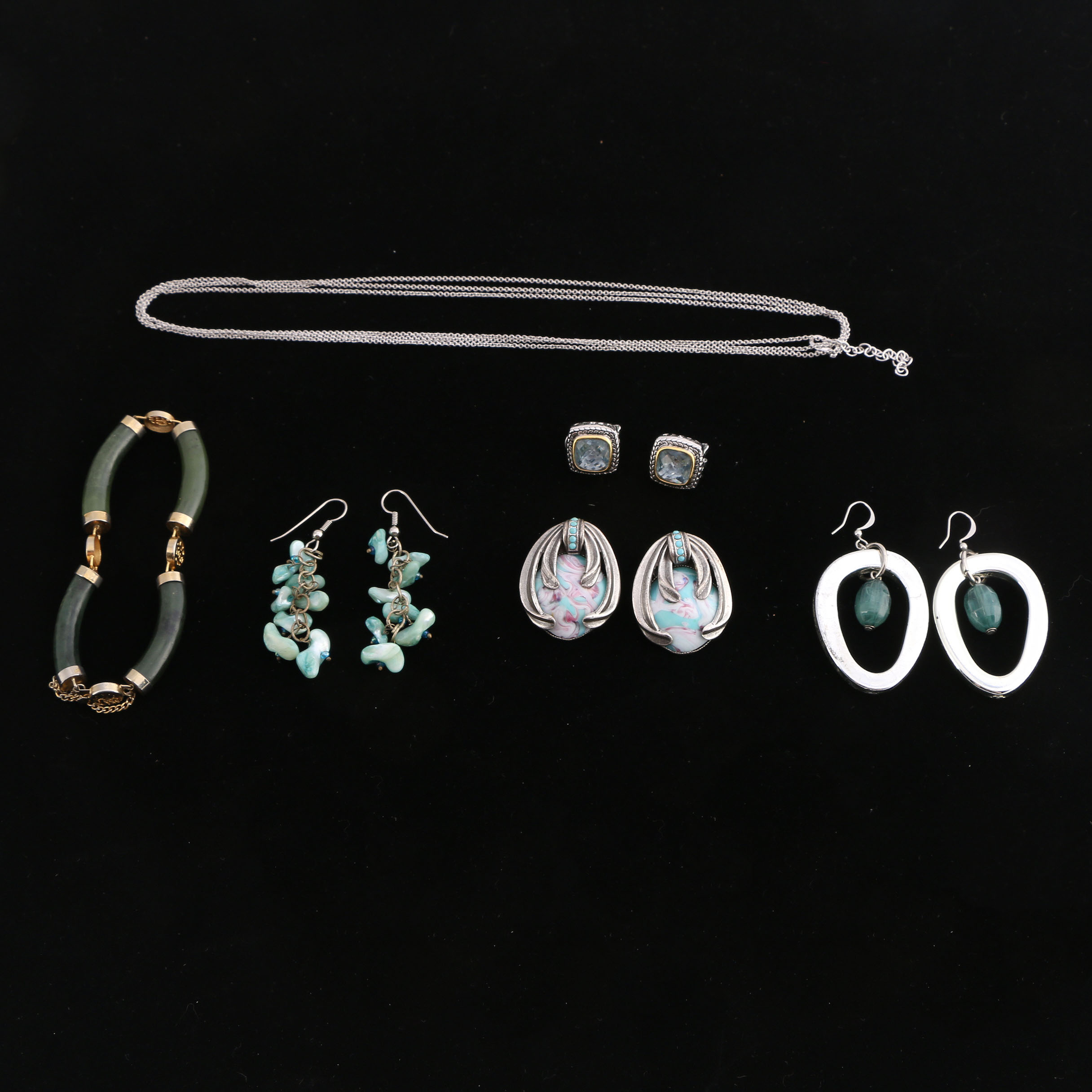 Collection of Jewelry in Silver Tone, Green and Blue