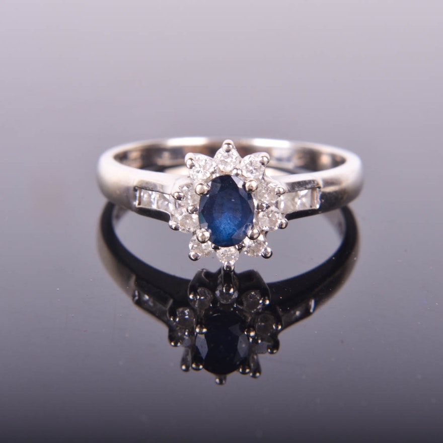 10K White Gold , Sapphire and Diamond Ring