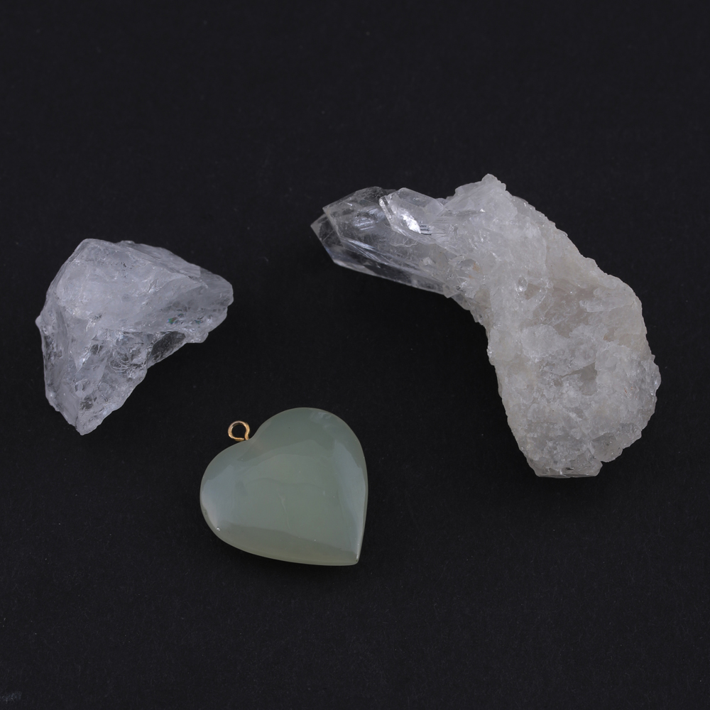 Raw Quartz Crystal Stones and Serpentine Heart Pendant