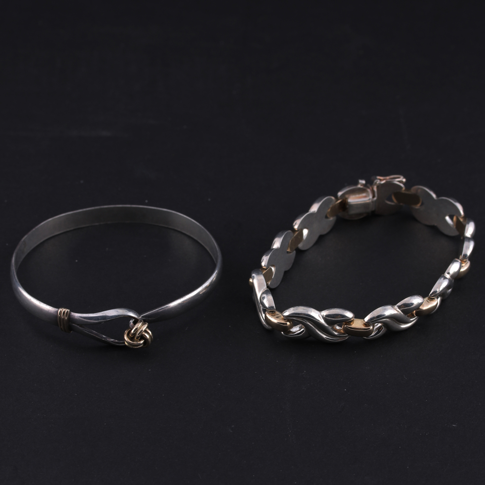 14K Yellow Gold and Sterling Silver Bracelets