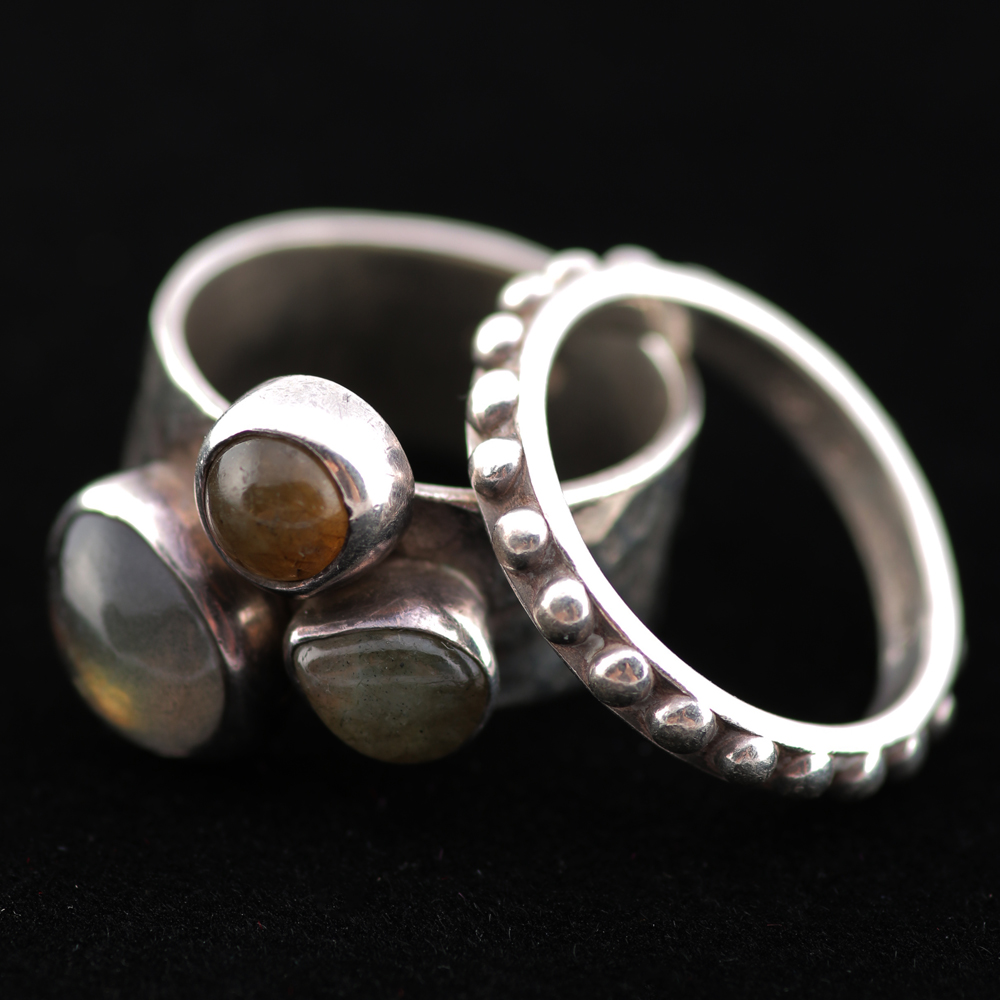 Sterling Silver, Labrodorite, and Feldspar Rings