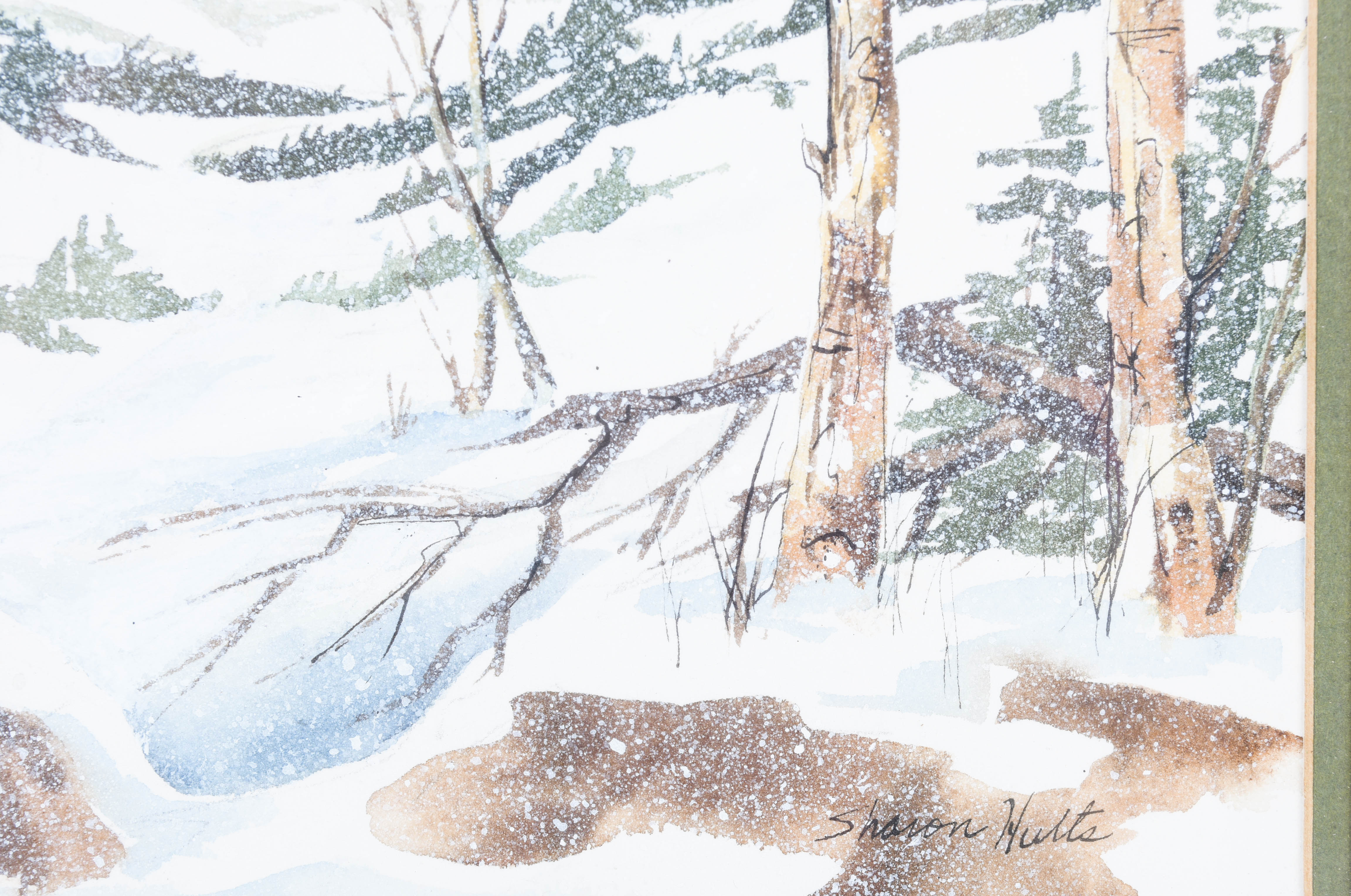 Signed Watercolor and Pen on Paper, "Winterscape" by Sharon Hults