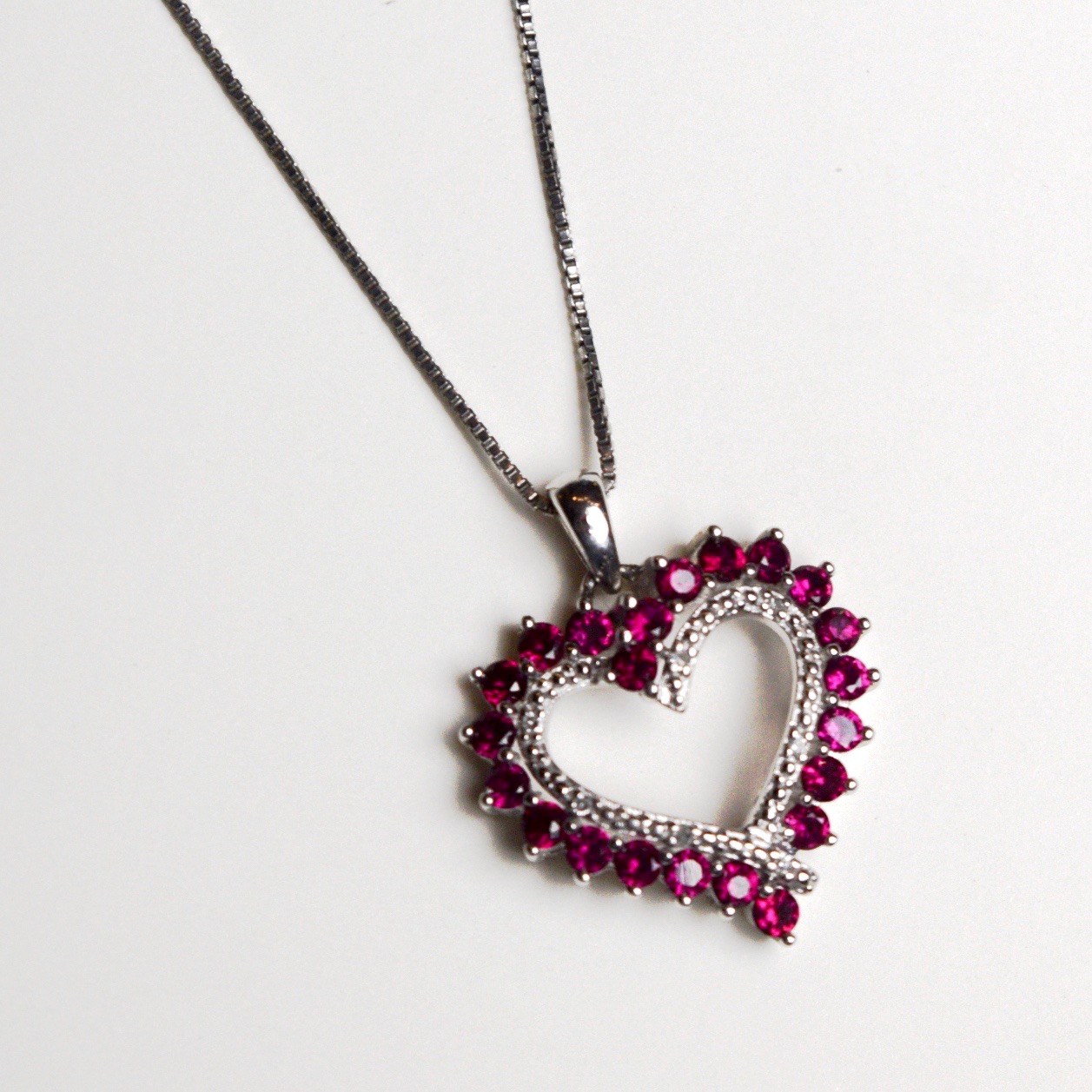 Rhodolite Garnet, Diamond and Sterling Silver Heart Necklace