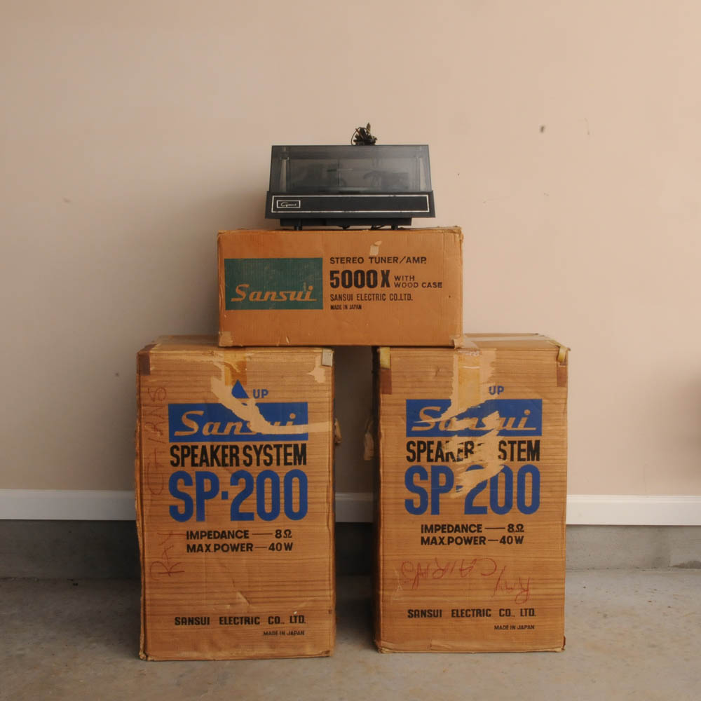 Vintage Sansui Tuner, Speakers and Turntable in Original Boxes