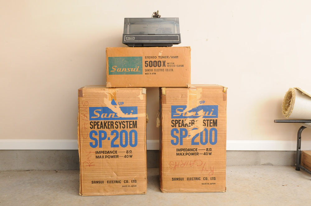 Vintage Sansui Tuner, Speakers and Turntable in Original Boxes