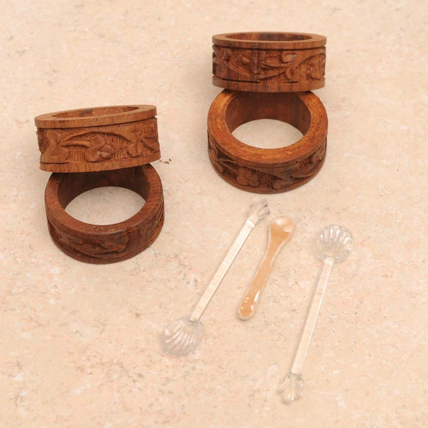 Glass Salt Spoons and Wooden Napkin Rings
