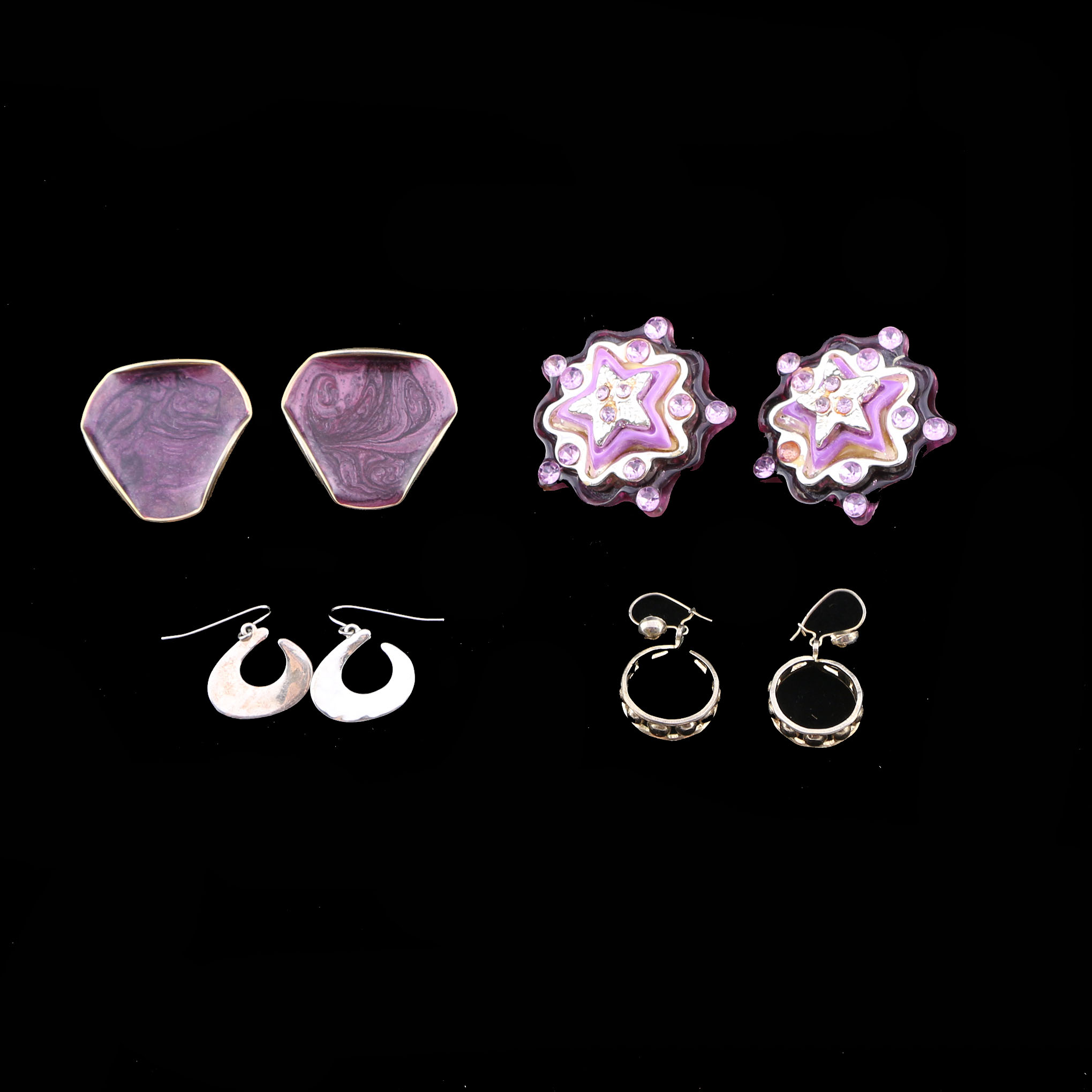 Collection of Purple and Silver Tone Earrings